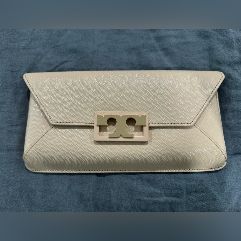 Tory Burch Cream Clutch with Logo Accent